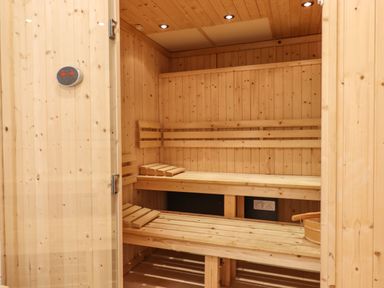 An interior view of a wooden sauna with benches and a bucket at Strawberry Bank - Kingfisher Pyworthy near Bridgerule