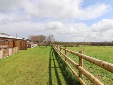A grassy garden area with wooden fences trees and a field at Strawberry Bank - Kingfisher Pyworthy near Bridgerule