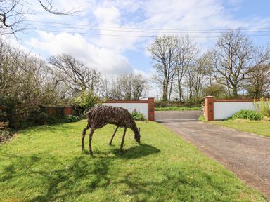 A front garden with a driveway and a wicker deer sculpture on the grass at Strawberry Bank - Kingfisher in Pyworthy near Bridgerule