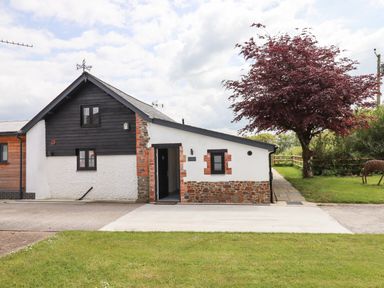An exterior view of a house with white and black walls a driveway and a tree at Strawberry Bank - Kingfisher in Pyworthy near Bridgerule