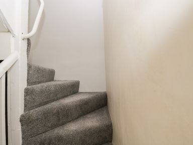 A carpeted staircase with a white handrail and plain walls at The Hame in Monmouth