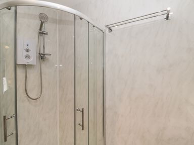 A bathroom shower with a handheld showerhead and glass doors with a towel rack on the wall at The Hame in Monmouth