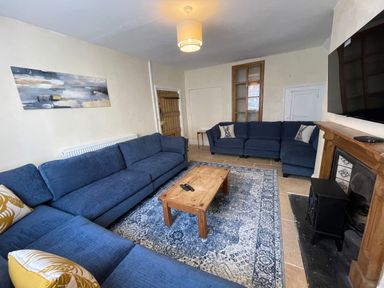 A living room with blue sofas a wooden coffee table a patterned rug a fireplace and a mounted television at The Hame in Monmouth