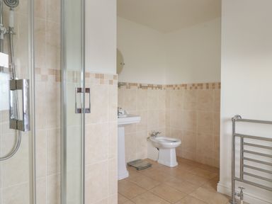 A bathroom with a shower enclosure pedestal sink bidet scale and heated towel rail at Whin Hill Cottage in Craster