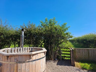 An outdoor wooden hot tub next to a hedge and wooden gate under a blue sky at Bogrie Cottage in Canonbie near Gretna Green