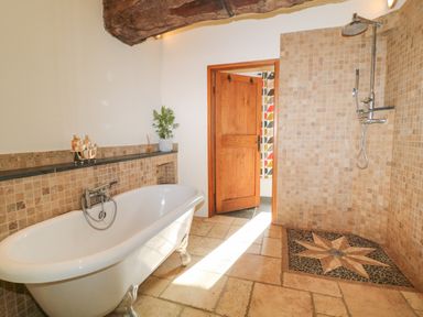 A bathroom with a clawfoot bathtub a tiled shower area with a star pattern on the floor and a wooden door at The Threshing Barn in Highampton
