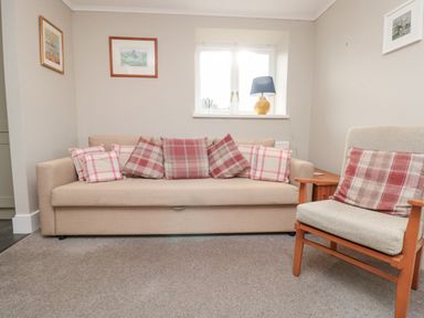 A living room with a beige sofa and checkered cushions next to an armchair with a cushion and a window with a lamp on the sill at Magnolia House in Dittisham