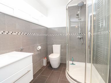 A bathroom with a shower enclosure toilet and sink at Magnolia House in Dittisham