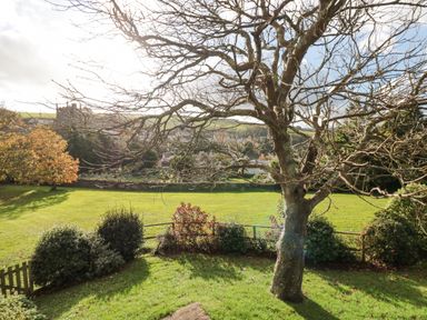 A garden with a large tree and bushes overlooking a green field and a village in the background at Magnolia House in Dittisham