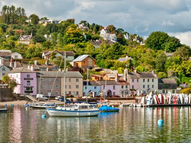 A harbor with boats moored by houses and a hillside covered with trees and houses at Magnolia House in Dittisham