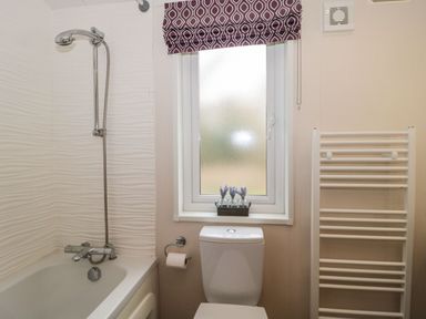A bathroom with a bathtub shower combination a toilet a window with purple blind and flowers and a white towel radiator at Owls Nest in Furzehill