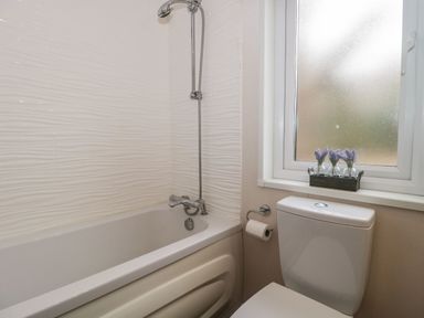 A bathroom with a bathtub a shower a toilet a window with flowers on the sill at Owls Nest in Furzehill