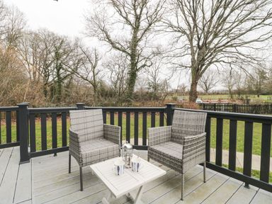 A patio with two chairs and a small table with cups and a coffee press at Owls Nest in Furzehill