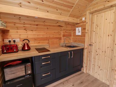 A kitchen area with dark cabinets a sink a toaster a kettle microwave and wooden walls at Dryfe Lodge in Lockerbie