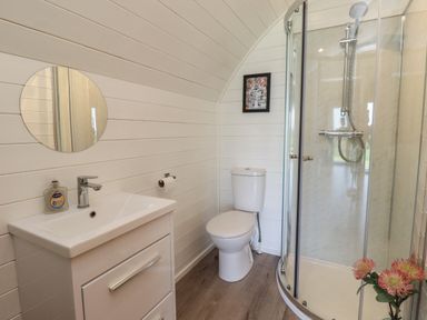 A bathroom with a sink cabinet round mirror toilet shower enclosure and a small flower vase at Dryfe Lodge in Lockerbie