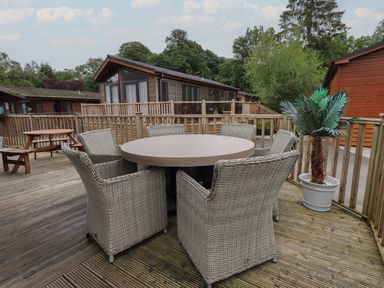 An outdoor wooden deck with a round table surrounded by six wicker chairs and a potted plant next to wooden cabins at Lake View Lodge in Lakeside 3 White Cross Bay Windermere