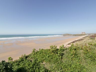A sandy beach with waves and green vegetation near Fistral Pearl in Newquay