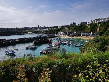 A harbor with boats and houses on a cliff in Newquay