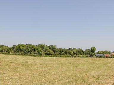A grassy field with trees and houses in the background at Basswood Barn Lime Tree Barn