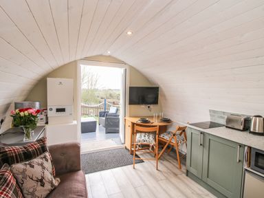 A small living space with a sofa with cushions flowers on a side table a kitchenette with appliances and a small dining table with two chairs at Cherry Pod 2 in Hookagate near Meole Brace