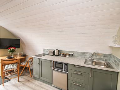 A small kitchen area with green cabinets a sink microwave and a small dining table with two chairs and flowers at Cherry Pod 2 in Hookagate near Meole Brace