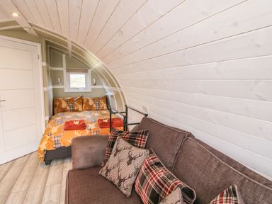 A bedroom with a bed and couch with cushions in a small curved wooden room at Cherry Pod 2 in Hookagate near Meole Brace