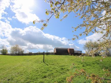 A grassy field with a small fenced structure under a blue sky with clouds at Cherry Pod 2 in Hookagate near Meole Brace
