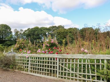 A garden with wooden lattice fencing and flowers with trees in the background at The Pavillion in Kirklinton near Longtown