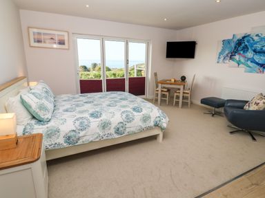 A bedroom with a bed table chairs a tv and a reclining chair at Greenside Studio in Praa Sands