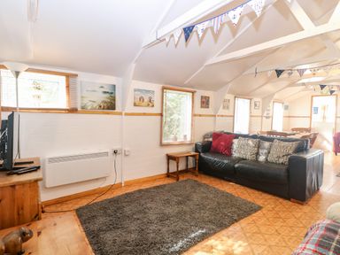 A living room with a black sofa a wooden side table a television and bunting across the ceiling at Suzanne's Beach Hut in Bacton near Walcott