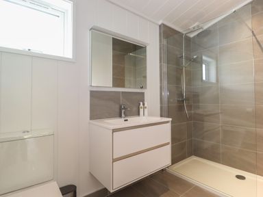 A bathroom with a toilet, a vanity with sink and mirror, and a walk-in shower at Hawthorn Croft in Haverthwaite