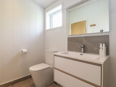 A bathroom with a toilet a sink vanity with two bottles and a mirror at Hawthorn Croft in Haverthwaite