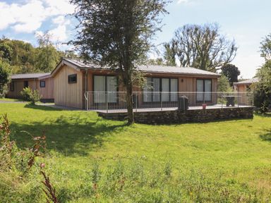 A single story wooden building with large windows and a railing on a stone platform surrounded by grass and trees at Hawthorn Croft in Haverthwaite