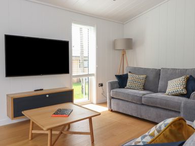 A living room with a gray sofa pillows wooden coffee table floor lamp and wall mounted television at The Burrow in Haverthwaite