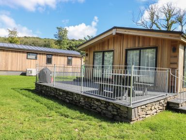 A wooden cabin with a fenced stone patio and outdoor furniture in a grassy area at The Burrow in Haverthwaite