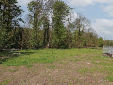 A grassy field with scattered trees next to a partially visible stone structure with metal railing at Blackthorn Copse in Haverthwaite