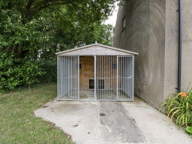 A metal and wood outdoor animal enclosure next to a building with grass and trees nearby at The Byre in St Brides Major