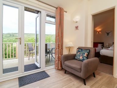 A living area with an armchair and door leading to a balcony with chairs and table at Chalet Log Cabin C11 in Combe Martin