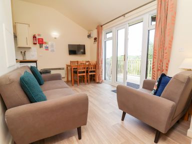 A living room with a sofa armchair dining table and wall mounted television at Chalet Log Cabin C11 in Combe Martin