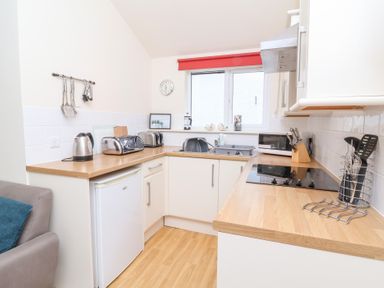 A kitchen with wooden countertops white cabinets a refrigerator and kitchen appliances at Chalet Log Cabin C8 in Combe Martin