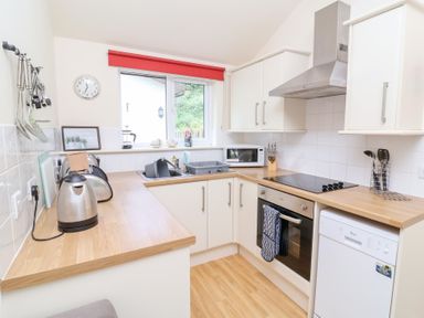 A kitchen with wooden countertops white cabinets and appliances at Chalet Log Cabin C8 in Combe Martin