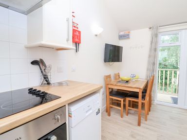 A kitchen and dining area with a wooden table and chairs a wall-mounted tv and glass door to outside at Chalet Log Cabin C8 Combe Martin