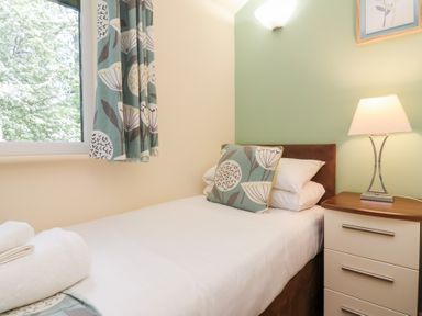 A single bed with white linens and floral cushion next to a window and a nightstand with lamp at Chalet Log Cabin C8 in Combe Martin