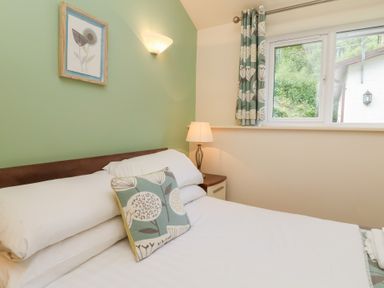 A bedroom with a bed pillow and cushion next to a bedside table lamp and window at Chalet Log Cabin C8 in Combe Martin