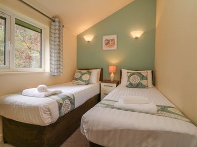 A bedroom with two single beds and a nightstand between them at Chalet Log Cabin C9 in Combe Martin