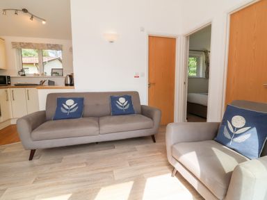 A living room with grey sofas and blue cushions next to a kitchen area at Chalet Log Cabin C9 in Combe Martin