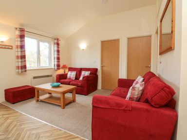 A living room with red sofas a wooden coffee table and a window with red plaid curtains at Chalet Log Cabin L3 in Combe Martin