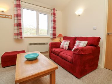 A living room with a red sofa plaid cushions wooden table with a bowl red curtains and a window at Chalet Log Cabin L3 in Combe Martin