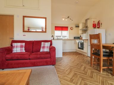 A living room with a red sofa and plaid cushions next to a kitchen with wooden chairs and dining table at Chalet Log Cabin L3 in Combe Martin