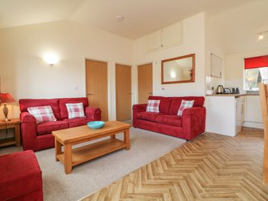 A living room with two red sofas and a wooden coffee table next to a kitchen area at Chalet Log Cabin L3 in Combe Martin